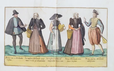Stroje z XVI wieku z „Omnium Poene Gentium Imagines”, wydanego w Kolonii, 1577 (rycina ręcznie kolorowana)